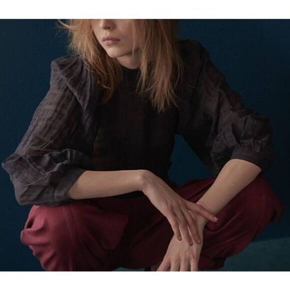 Sarah Swann High Neck textured blouse in slate s 1 (US 2-4) - Picture 1 of 5